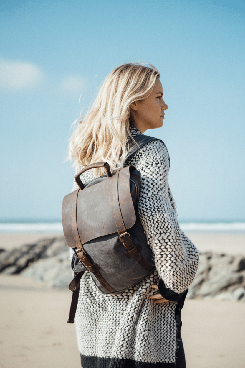 dark gray leather backpack Flap in wear it hands VINTAGE TAR 3 canvas backpack