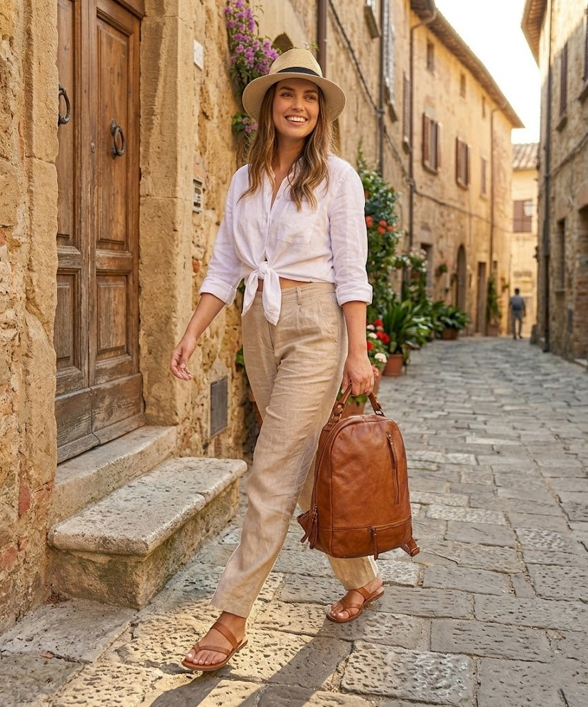 Frau beim Spaziergang auf der Einkaufsstraße, lässig den beigen cognac braun Echtleder-Rucksack SICILLA an der Hand haltend – minimalistischer und nachhaltiger Streetstyle.