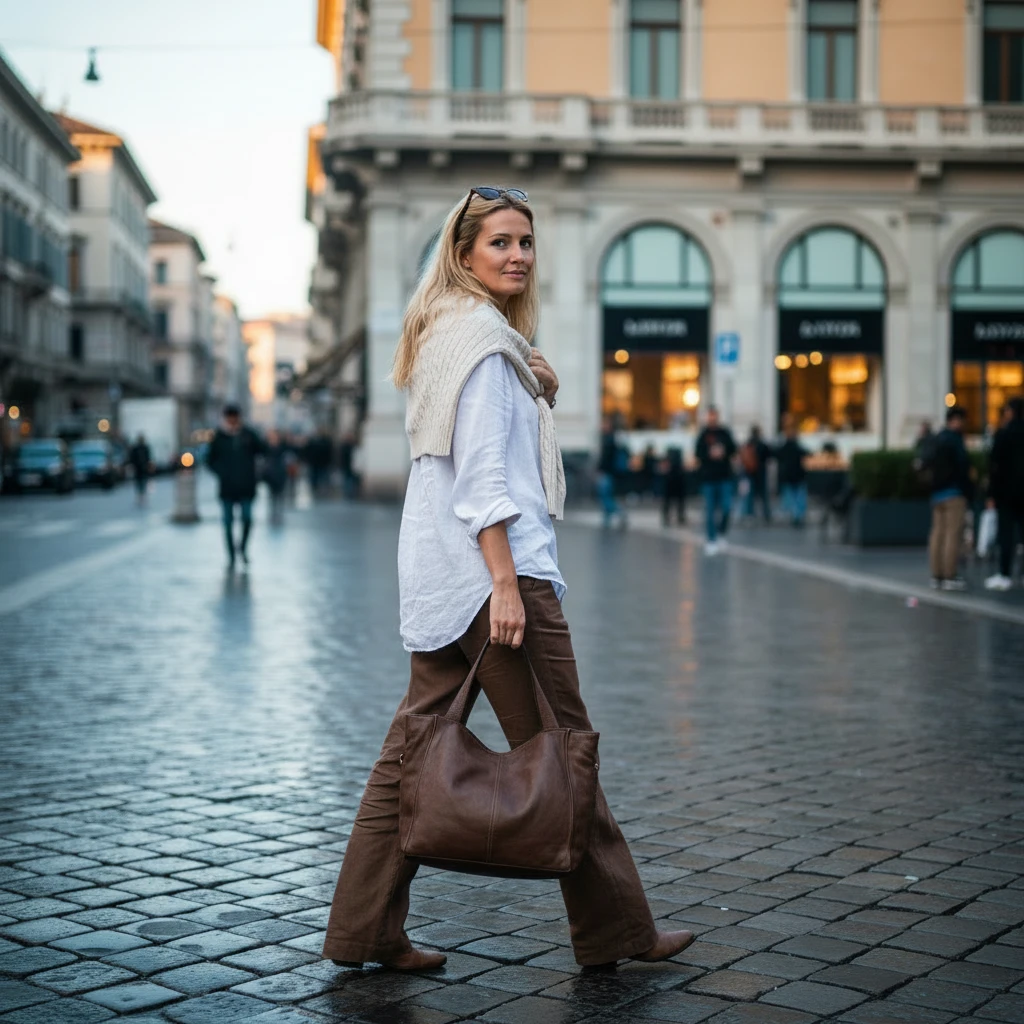 Eine Frau trägt die braun Hobo-Tasche aus Leder in Größe XL lässig in der Hand, während sie eine Einkaufsstraße in der Stadt entlanggeht.