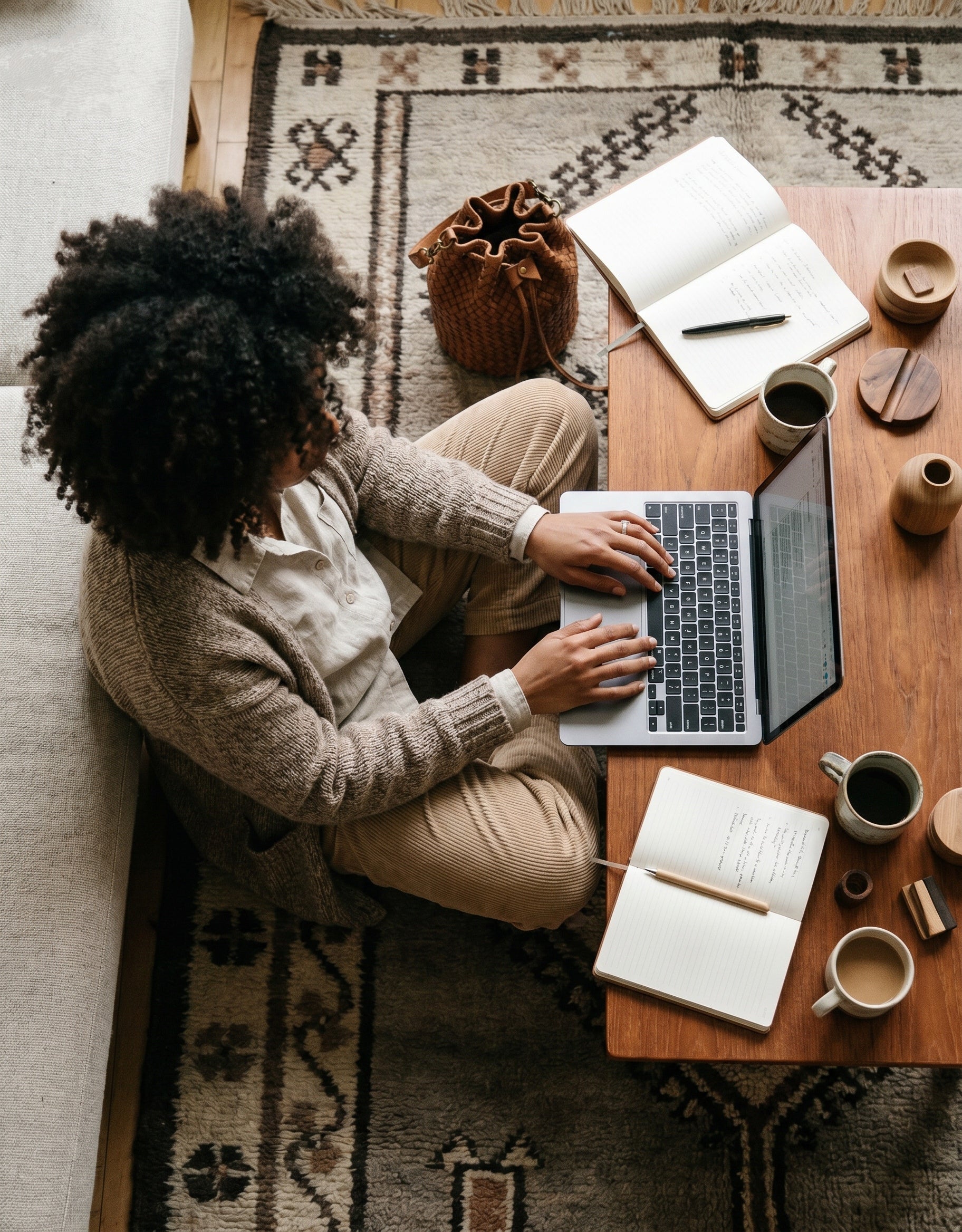 Stilvolles Home-Office-Scenario mit einer Frau am Laptop, daneben platziert die Leder Beuteltasche Damen Echtleder cognac auf einem Holzschreibtisch