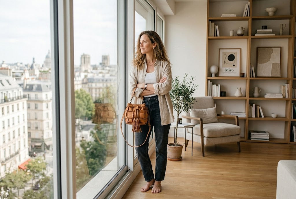 Stilvolle Frau im eleganten Outfit steht an einem großen, lichtdurchfluteten Fenster und hält die cognacfarbene Echtleder Beuteltasche Damen in den Händen
