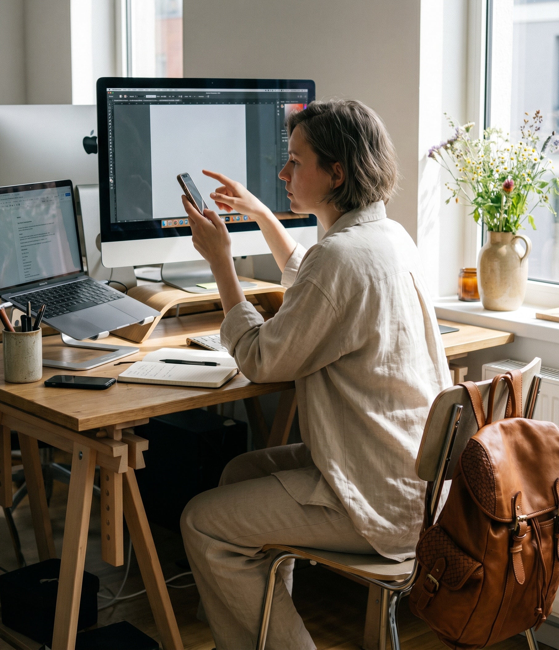 Eine elegant gekleidete Frau in einem modernen Büro, die ihren cognac braunen Lederrucksack Damen im Vintage-Stil neben den Schreibtisch stellt und ihren Laptop herausholt.