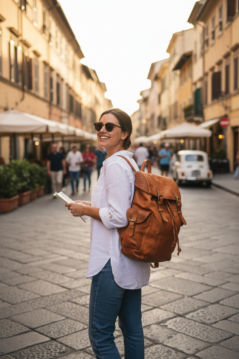 Streetstyle-Aufnahme einer jungen Frau auf einer urbanen Einkaufsstraße, die den klassischen schwarzen Lederrucksack mit Klappe auf beiden Schultern trägt.