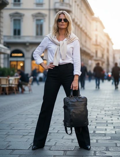 Eine Frau  mit ihrem schwarz business Lederrucksack für Damen, der sich robust für Alltag und Büro als echtleder handtasche tragen lässt.