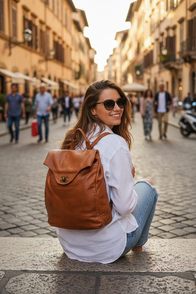 Streetstyle-Fotografie einer Frau im herbstlichen Outfit mit einem Lederrucksack für Damen in Vintage-Cognac, der perfekt mit einem beigen Mantel harmoniert.