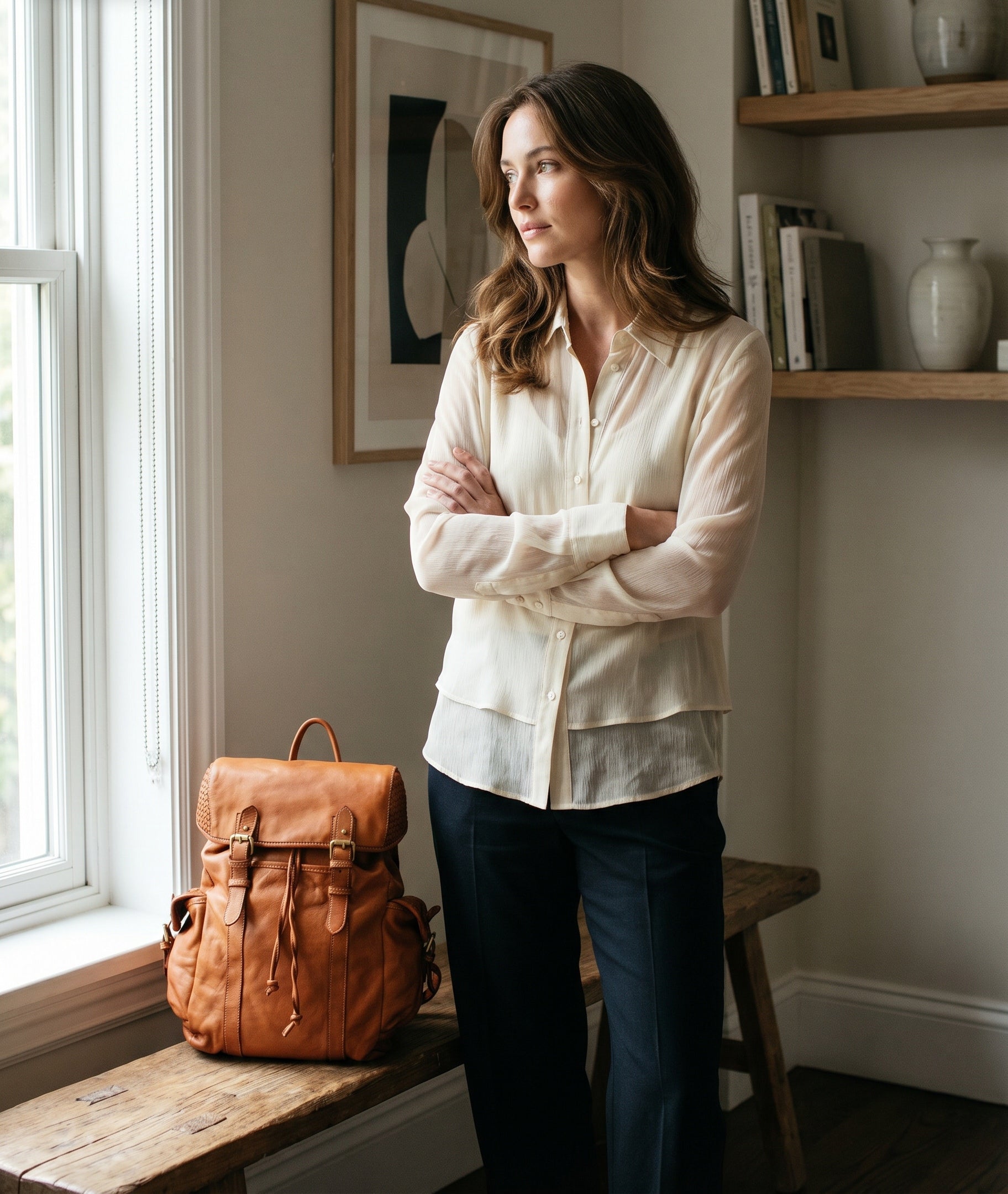 Ein Mann im Casual-Business-Outfit mit dem cognac braun Echtleder-Rucksack auf dem Rücken auf dem Weg ins Büro mit einem Laptop im Inneren.