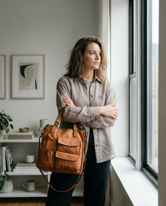 Sac à bandoulière en cuir pour l'université - Style décontracté avec beaucoup d'espace de rangement pour les livres et la tablette en format portrait.