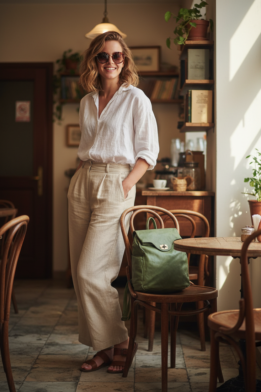 Eine junge Frau sitzt in einem urbanen Café, der cognacfarbene Vintage Lederrucksack für Damen steht elegant neben ihr auf einem Holzstuhl.