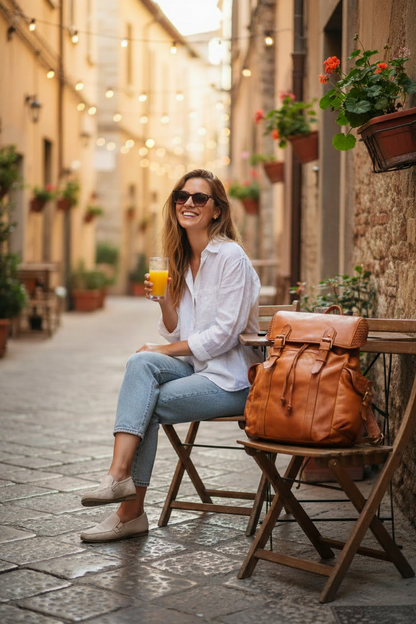 Eine modebewusste Frau sitzt in einem gemütlichen Straßencafé an einer Allee, während ihr cognac braun Vintage Echtleder-Rucksack elegant auf dem Stuhl neben ihr platziert ist