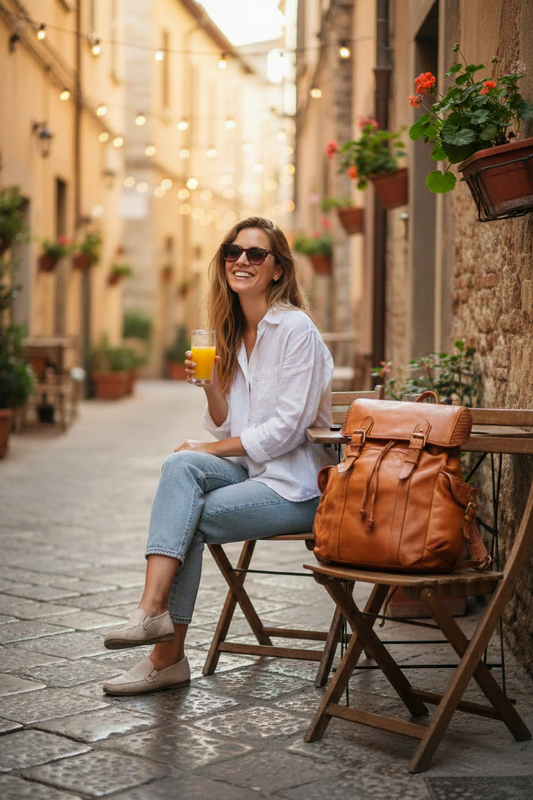 Una mujer a la moda se sienta en una acogedora cafetería callejera en una avenida, mientras su mochila de cuero auténtico vintage color coñac se coloca elegantemente en la silla al lado de ella.