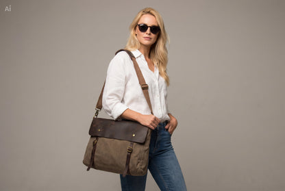 MAIL VINTAGE™ Sac bandoulière en toile et cuir pour femme - Marron