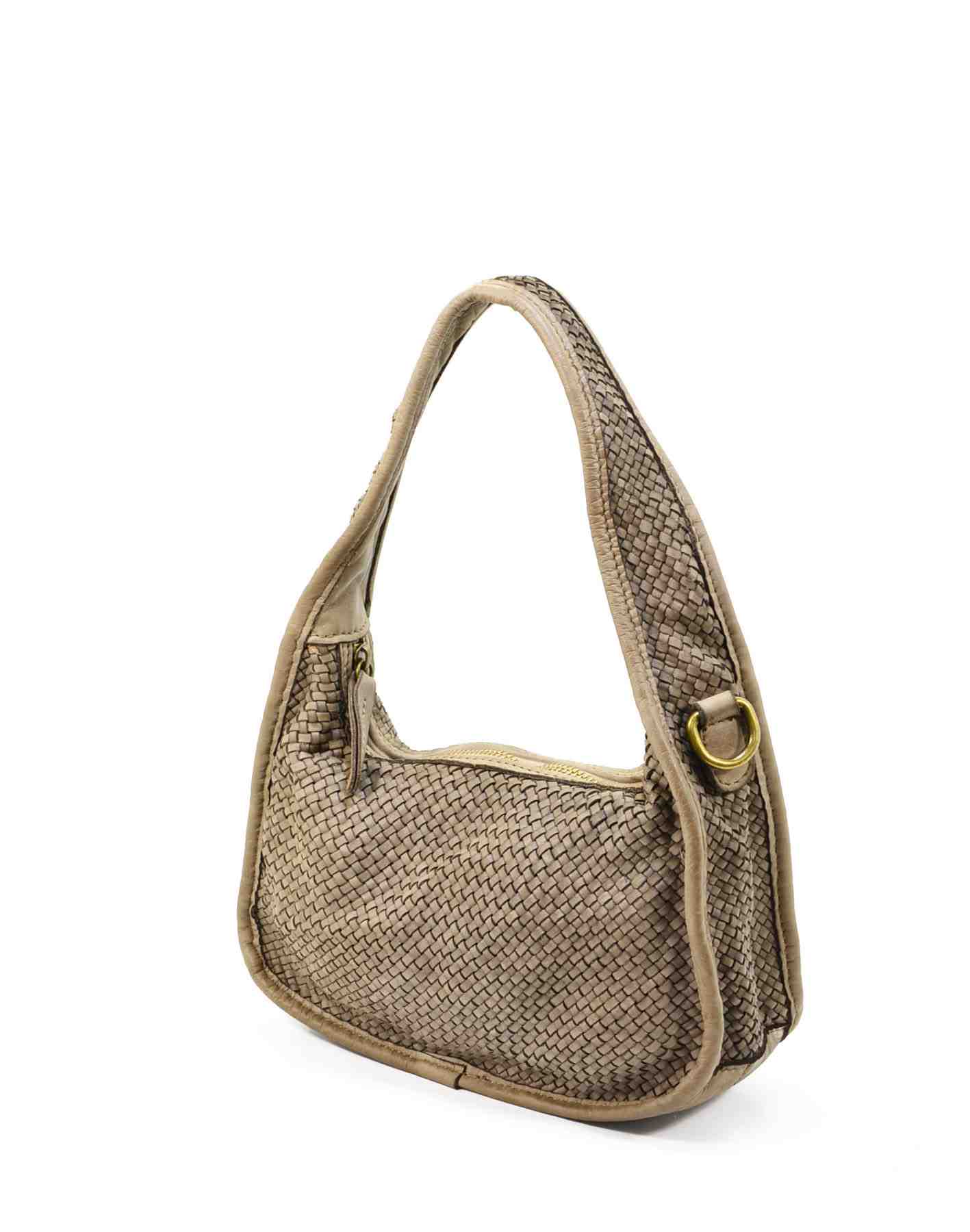 MATTI● Leder Schultertasche für Damen. Geflochten leder. Breiter Schulterriemen beige-taupe