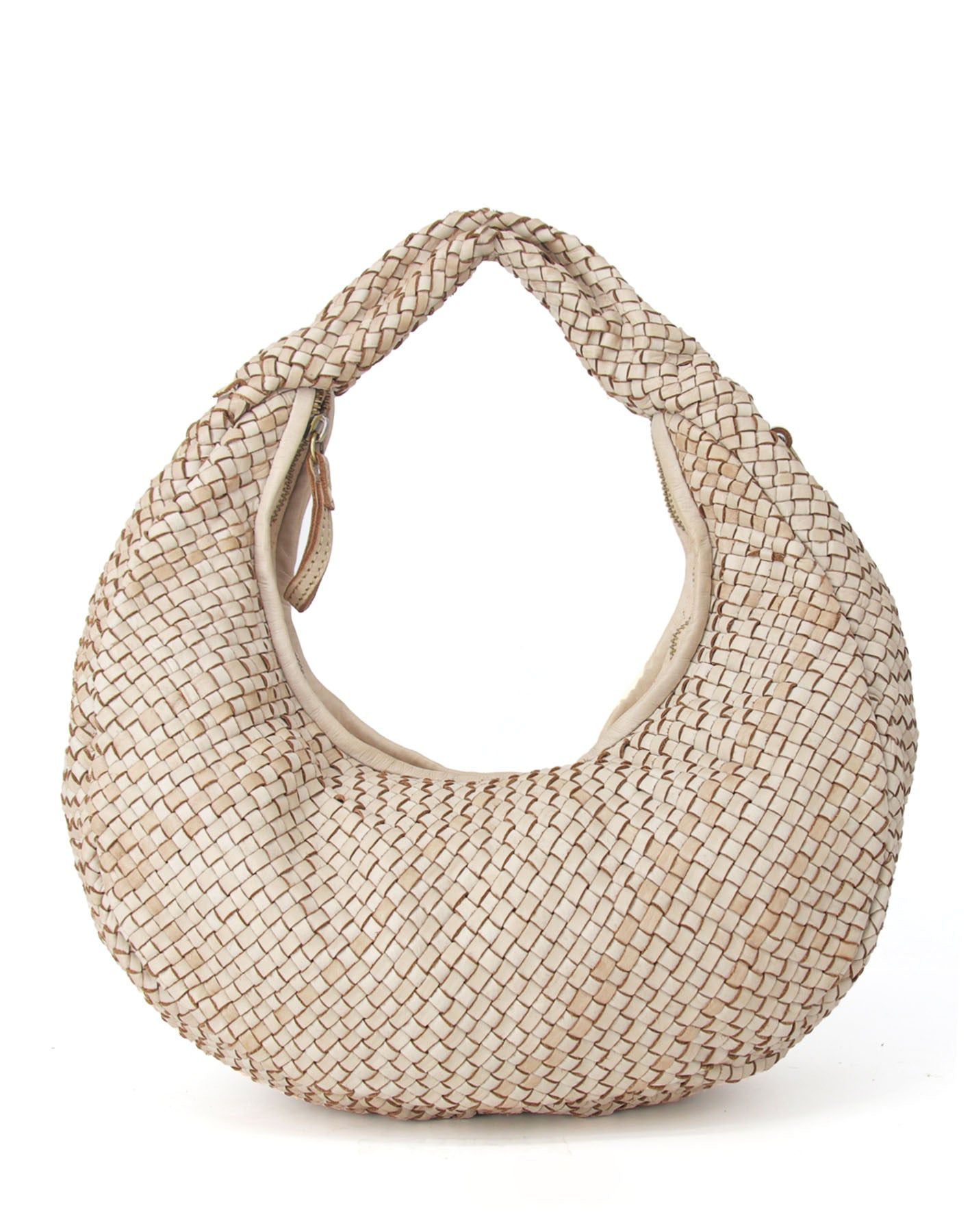 Medium geflochtene Hobo Bag Beuteltasche für Damen aus Echtleder in Beige-Taupe, elegante Flechttasche im minimalistischen Stil