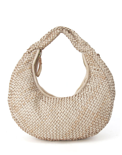 Medium geflochtene Hobo Bag Beuteltasche für Damen aus Echtleder in Beige-Taupe, elegante Flechttasche im minimalistischen Stil