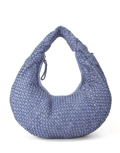 Medium geflochtene Hobo Bag Beuteltasche für Damen aus Echtleder in Blau, elegante Flechttasche im minimalistischen Stil