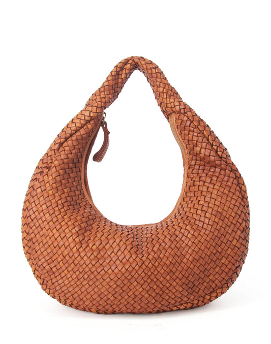 Medium geflochtene Hobo Bag Beuteltasche für Damen aus Echtleder in Cognac-Braun, elegante Schultertasche im Flechtdesign