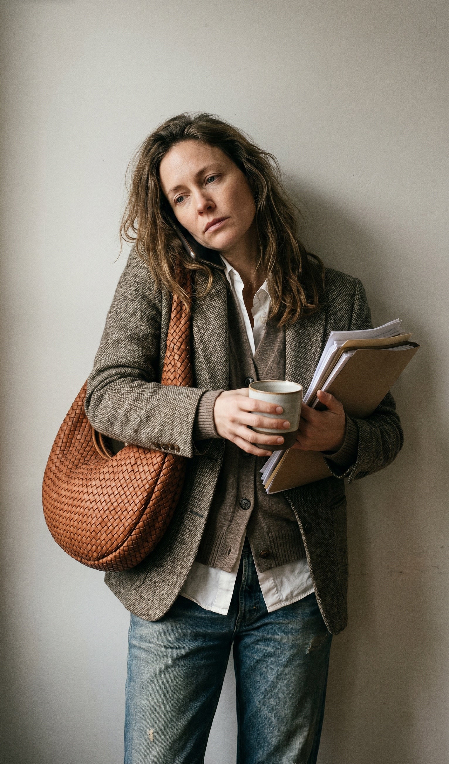 Lifestyle-Foto: Model trägt die mittlere geflochtene Leder Hobo Bag in Cognac lässig über der Schulter zum eleganten Outfit