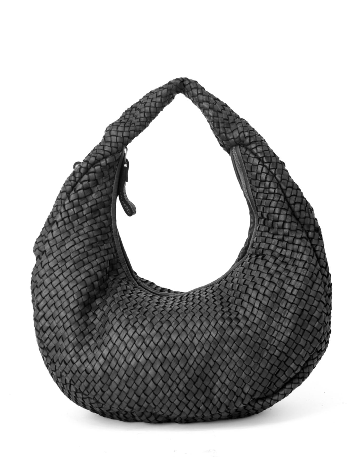 Medium geflochtene Hobo Bag Beuteltasche für Damen aus Echtleder in Schwarz, klassische Schultertasche aus weichem Leder