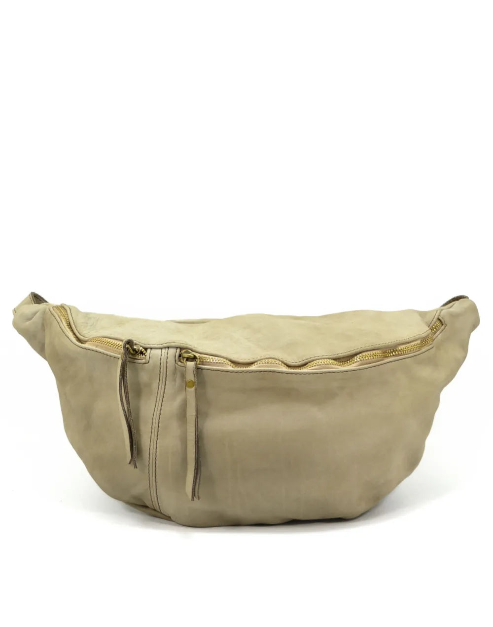 Große Leder Bauchtasche in Halbmondform für Damen & Herren in Beige-Taupe, elegante XXL Gürteltasche im minimalistischen Design