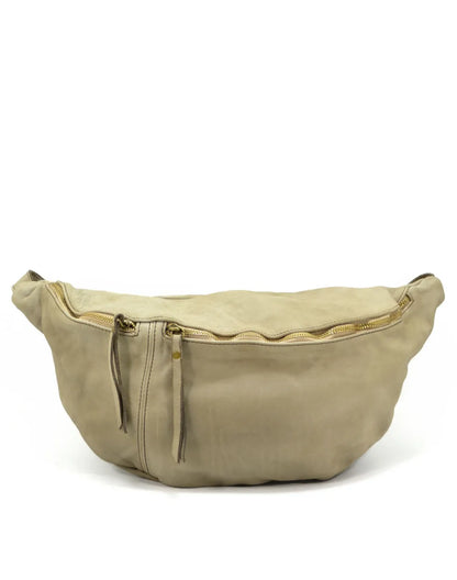 Große Leder Bauchtasche in Halbmondform für Damen & Herren in Beige-Taupe, elegante XXL Gürteltasche im minimalistischen Design