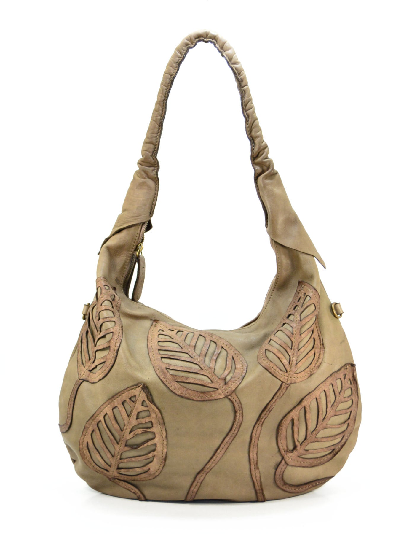 Beige-taupe FLORI HOBO● Damen Schultertasche aus italienischem Leder mit aufgenähtem Blumenmotiv. Sacktaschen.com