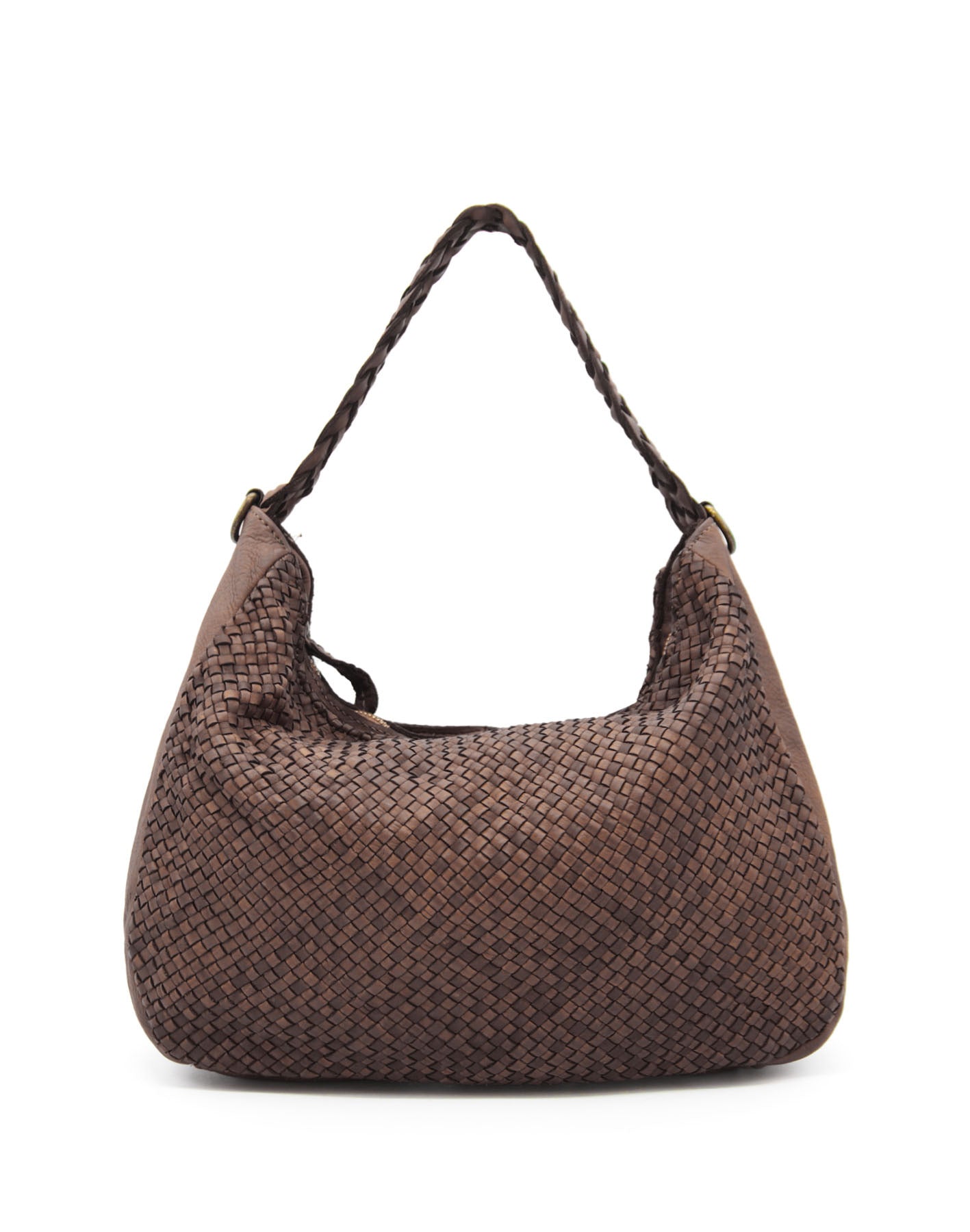 Braune MONERA HOBO Damen-Schultertasche aus geflochtenem italienischem Kalbsleder mit Lavata-Finish