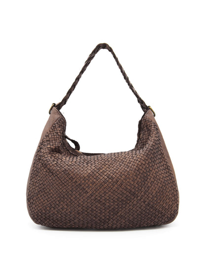 Braune MONERA HOBO Damen-Schultertasche aus geflochtenem italienischem Kalbsleder mit Lavata-Finish