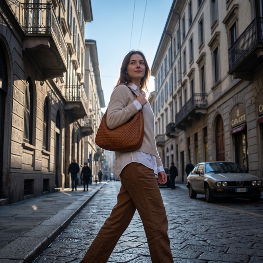 MONERA HOBO XL Damen-Schultertasche aus geflochtenem italienischem Kalbsleder in Cognac, getragen von einer Frau