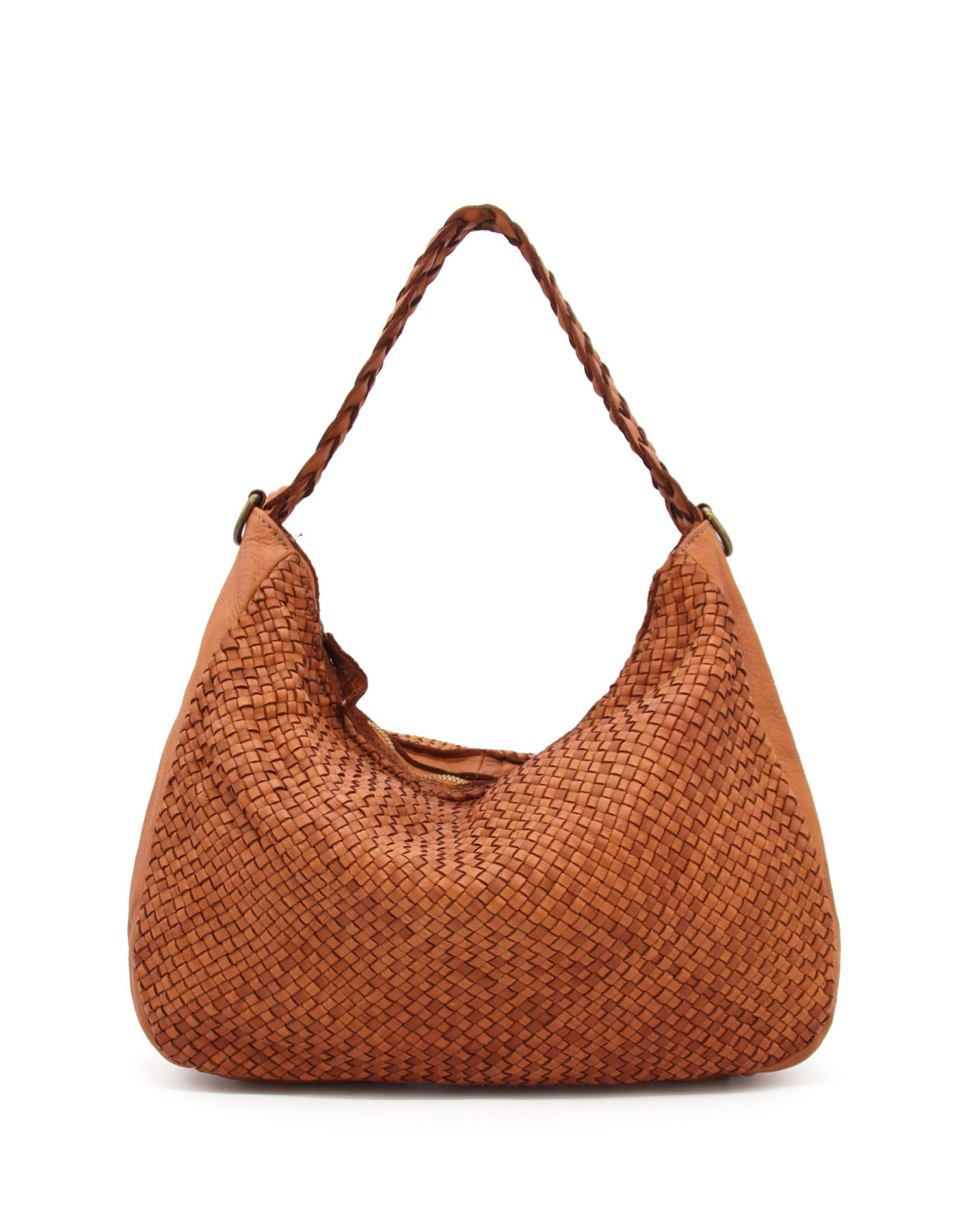 MONERA HOBO Damen-Schultertasche aus geflochtenem italienischem Kalbsleder in Cognac – Vorderansicht