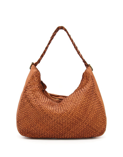 MONERA HOBO Damen-Schultertasche aus geflochtenem italienischem Kalbsleder in Cognac – Vorderansicht