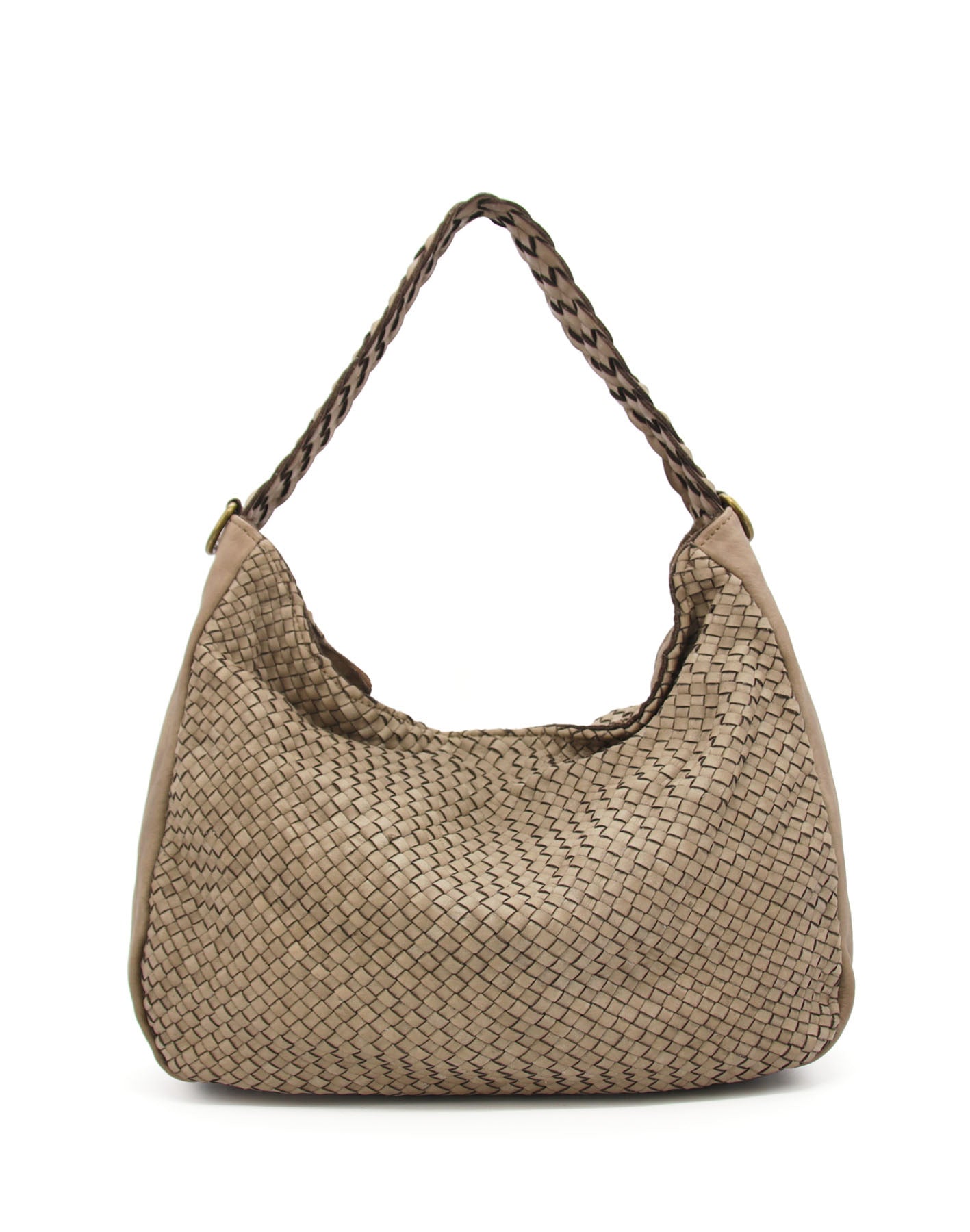 MONERA HOBO Damen-Umhängetasche aus geflochtenem italienischem Kalbsleder in Beige-Taupe