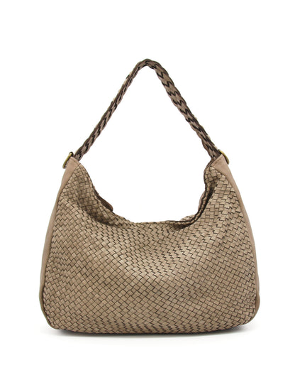 MONERA HOBO Damen-Umhängetasche aus geflochtenem italienischem Kalbsleder in Beige-Taupe