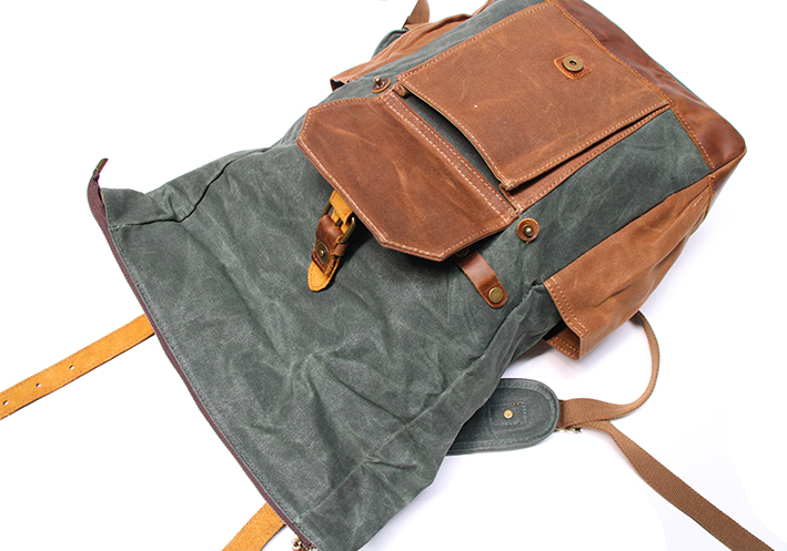 Waxed canvas backpack / rucksack with folded top and waxed canvas