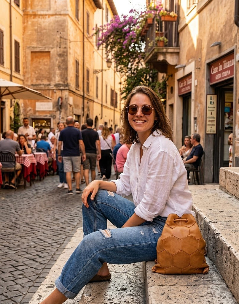 Lässiger City-Look: Frau mit dem cognac Cityrucksack Leder von BARTINESSA.