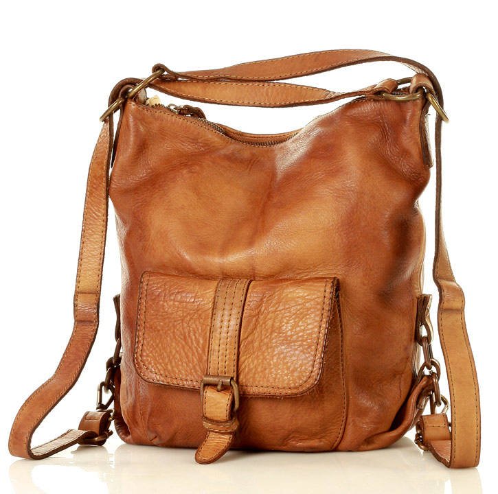 Rucksacktasche Damen 2-in-1 Echtleder in Cognac am stabilen Tragegriff als klassische Handtasche zum herbstlichen Outfit.