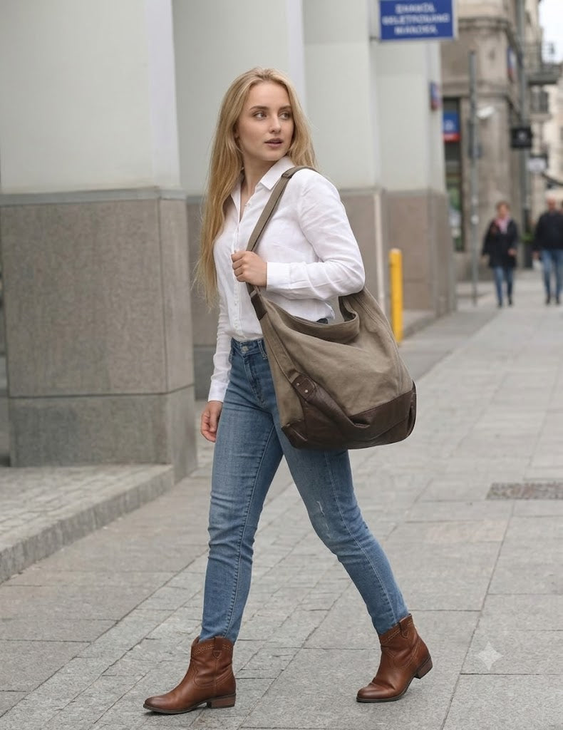 SAFFI HOBO | Lässige Damen Canvas Beuteltasche mit Kunstleder