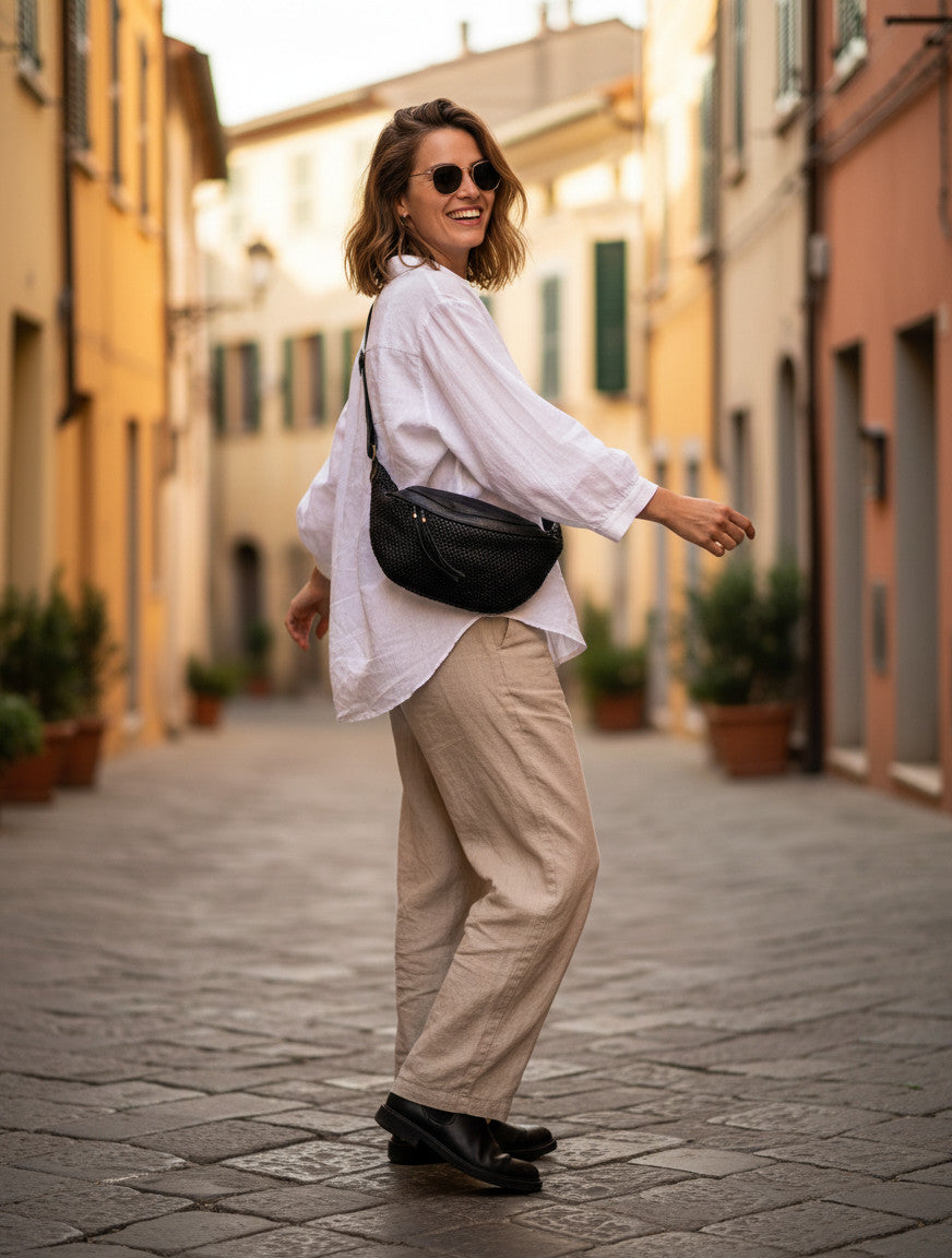 MOND● Große Damenbauchtasche - Crossbag aus Handgeflochtenes Echtleder m. RV. Sacktaschen.com