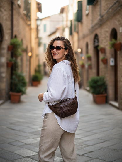 MOND● Große Damenbauchtasche - Crossbag aus Handgeflochtenes Echtleder m. RV. Sacktaschen.com