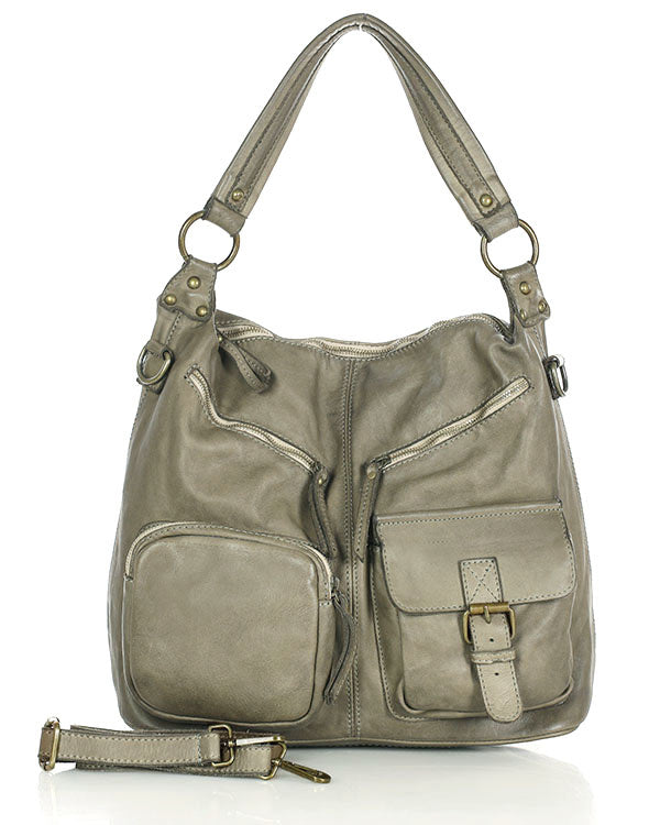 Moderne Beuteltasche Damen Beige-Taupe Leder zeitloses Design handgearbeitet aus italienischem Echtleder