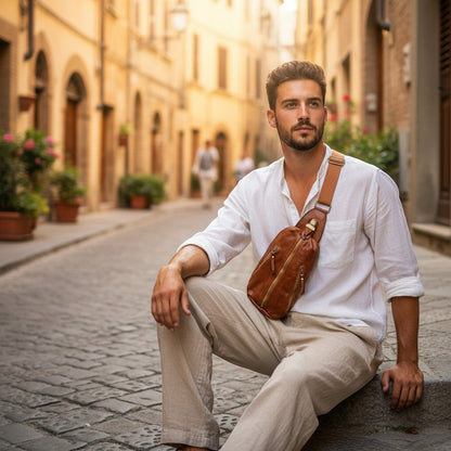 MARCO POLO● Große Leder Bauchtasche für Damen und Herren. Toscany Vintage Leder. Braun-cognac Sacktaschen.com
