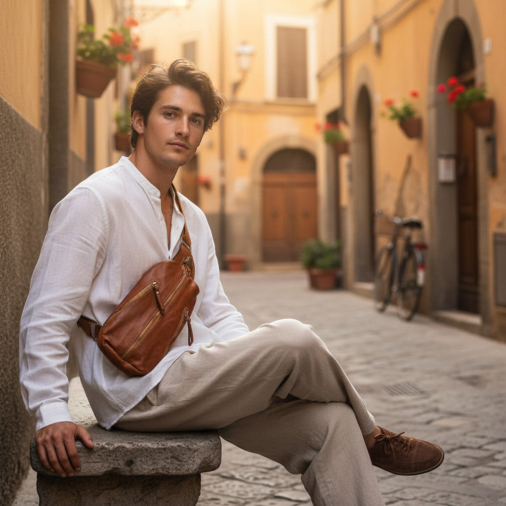 MARCO POLO● Große Leder Bauchtasche für Damen und Herren. Toscany Vintage Leder. Braun-cognac Sacktaschen.com