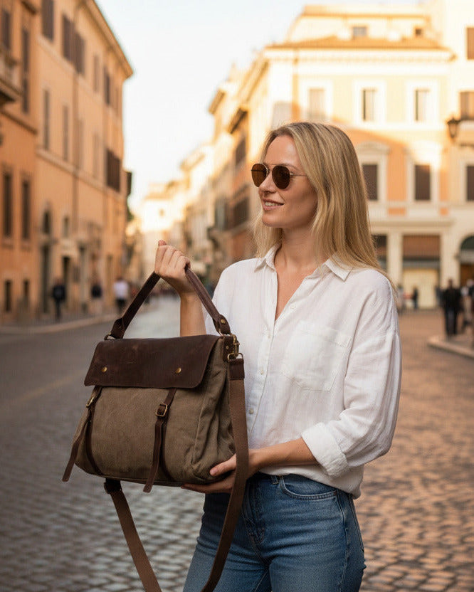 detail of women’s canvas leather shoulder bag brown vintage durable finish