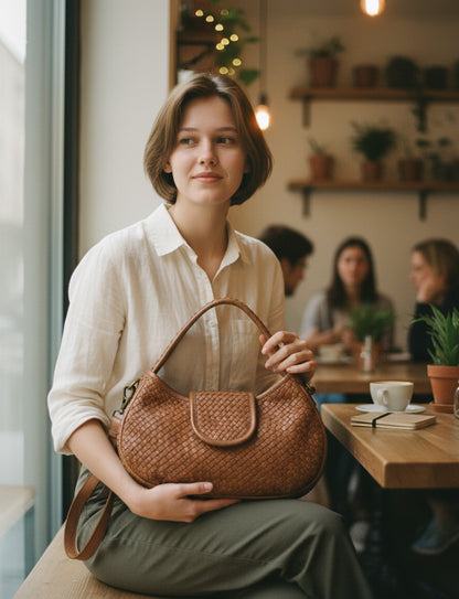 Eine Frau sitzt elegant auf einer Café-Terrasse mit der braunen Schultertasche echtleder Damen, die lässig über der Stuhllehne hängt – zeigt die Handtasche im urbanen Alltagskontekst.
