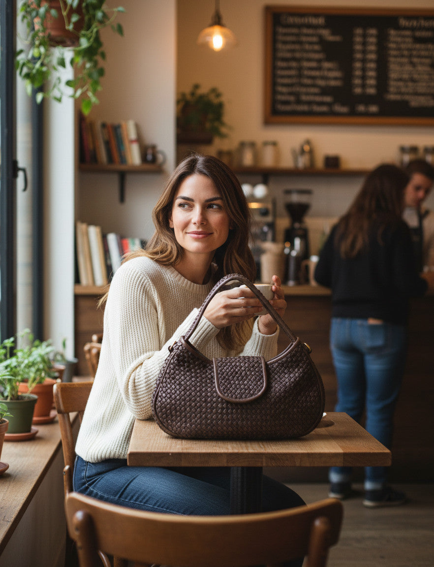 Elegant platzierte Schultertasche aus italienischem Leder neben einer Kaffeetasse auf einem Marmortisch, fokussiert auf die feine Flechtstruktur und das natürliche Echtleder.