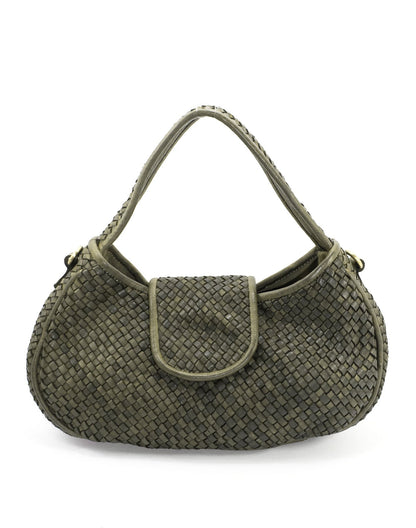 Moderne Schultertasche in Militärgrün aus echtem italienischem Leder, geflochtenes Design mit abnehmbarem Gurt und Schulterriemen