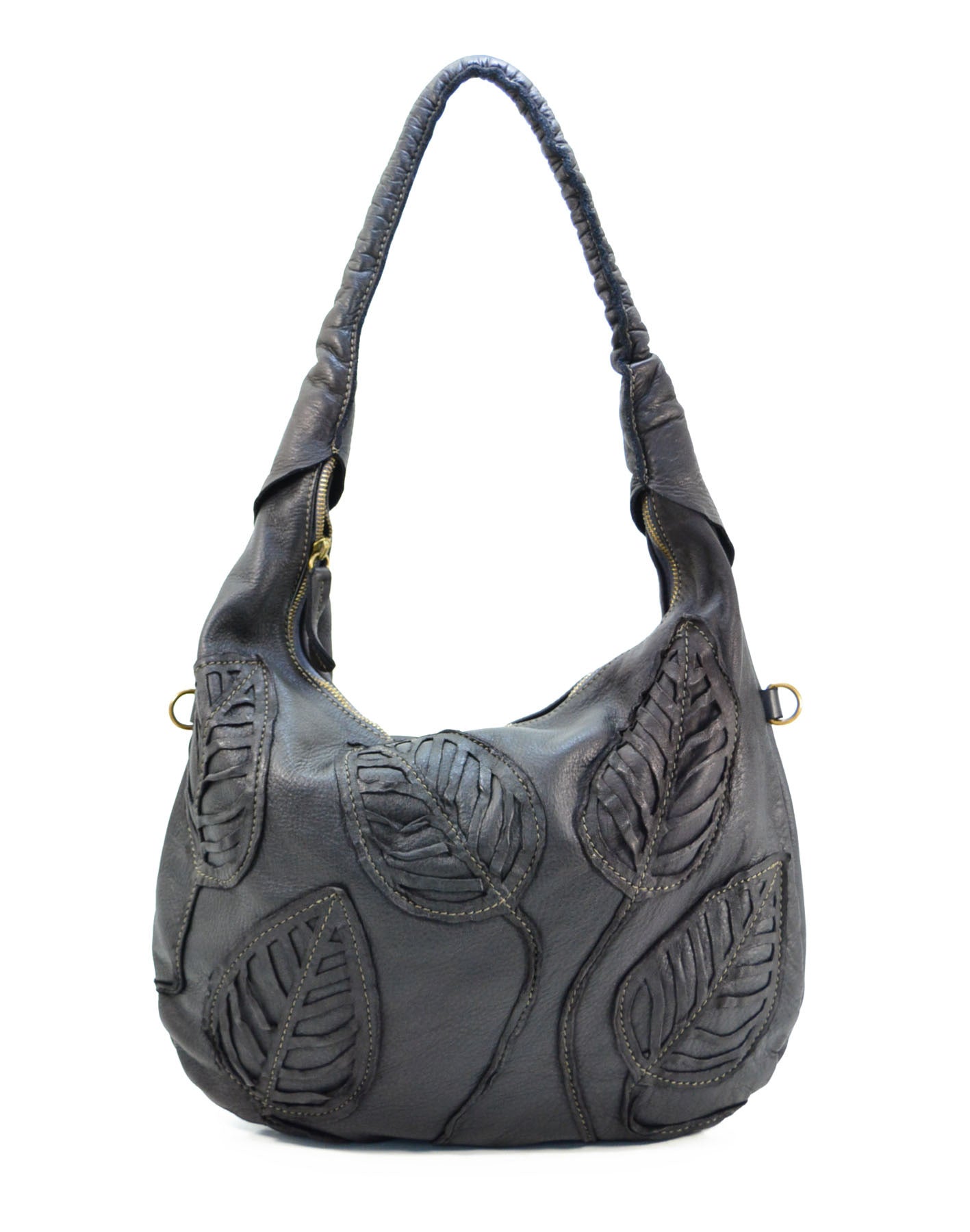 Schwarz FLORI HOBO● Damen Schultertasche aus italienischem Leder mit aufgenähtem Blumenmotiv. Sacktaschen.com