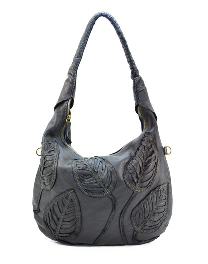 Schwarz FLORI HOBO● Damen Schultertasche aus italienischem Leder mit aufgenähtem Blumenmotiv. Sacktaschen.com