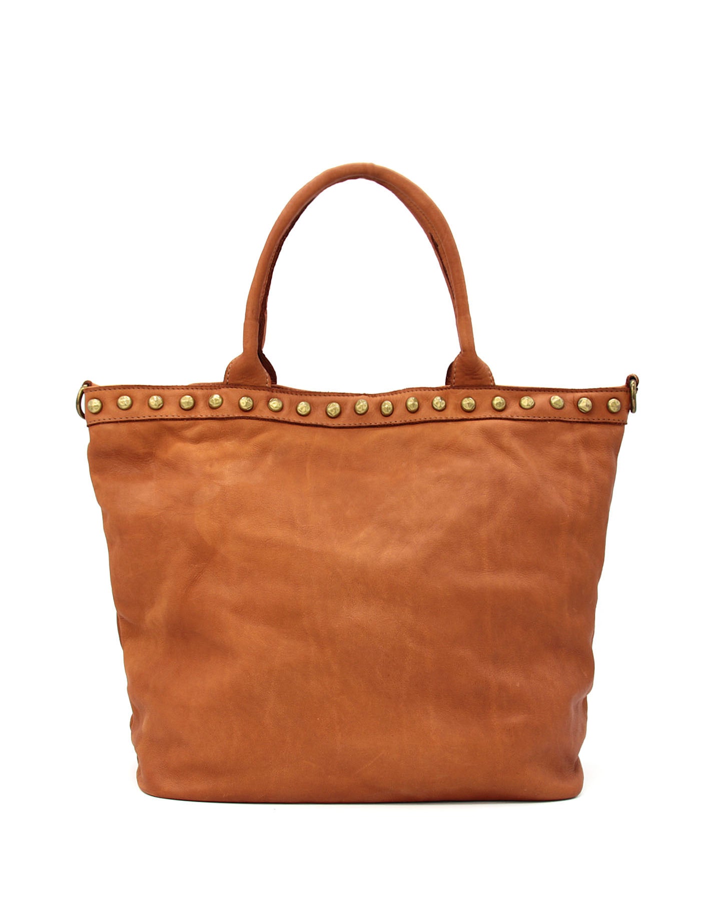 CAMILLE 2● Shopper leather bag with rivets & zip Camel