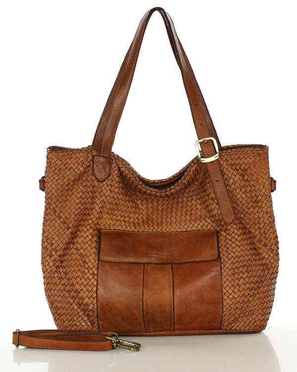 MEDICI. Damen Shopper-Tasche aus geflochtenem Naturleder Cognac