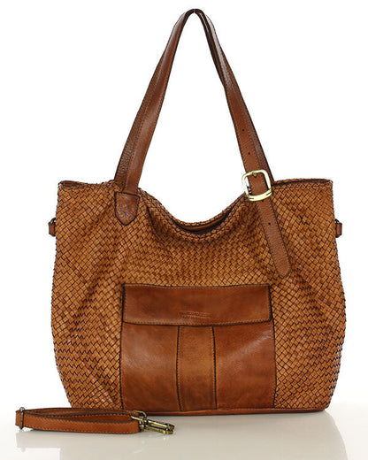 MEDICI. Damen Shopper-Tasche aus geflochtenem Naturleder Cognac
